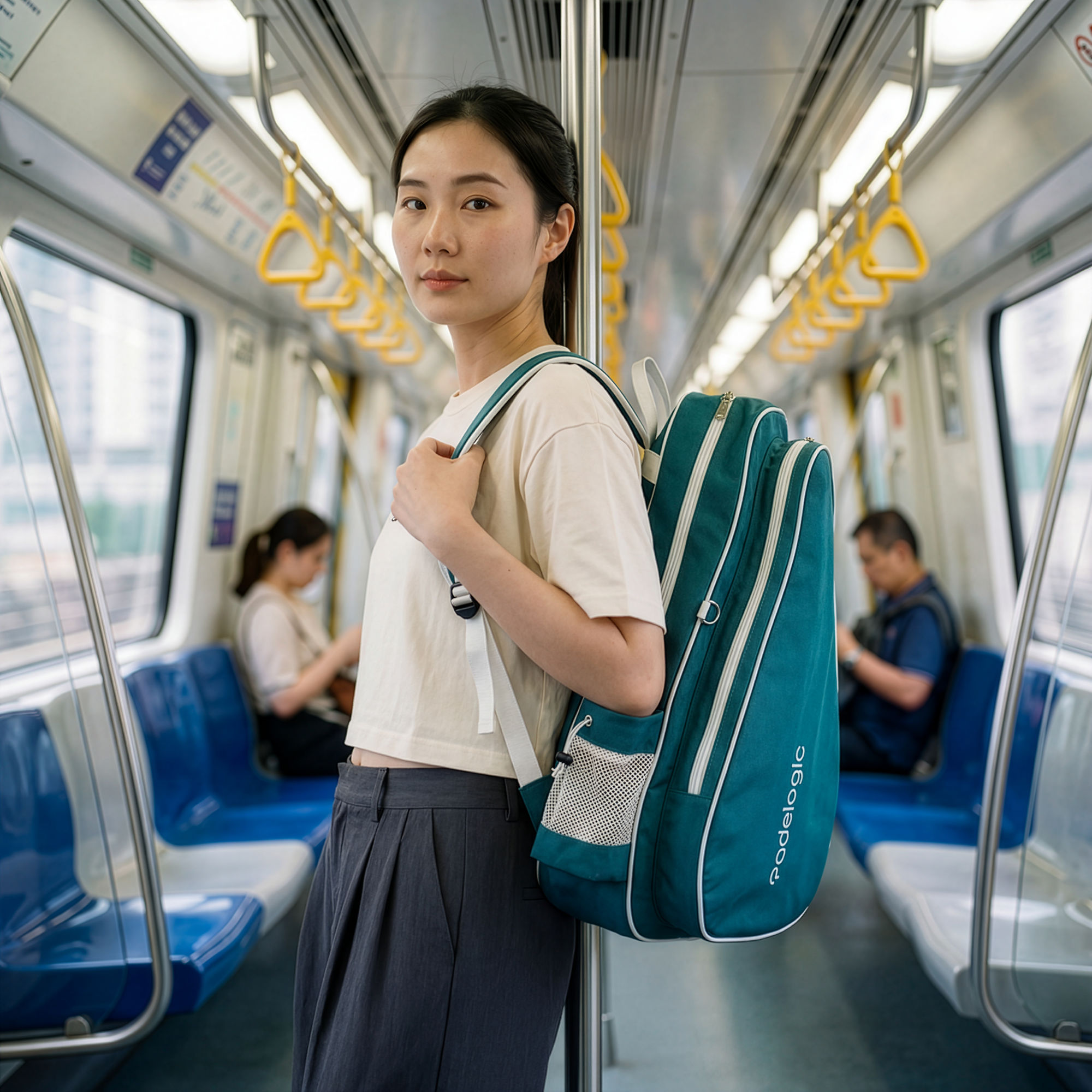 Train interior — teal bag
